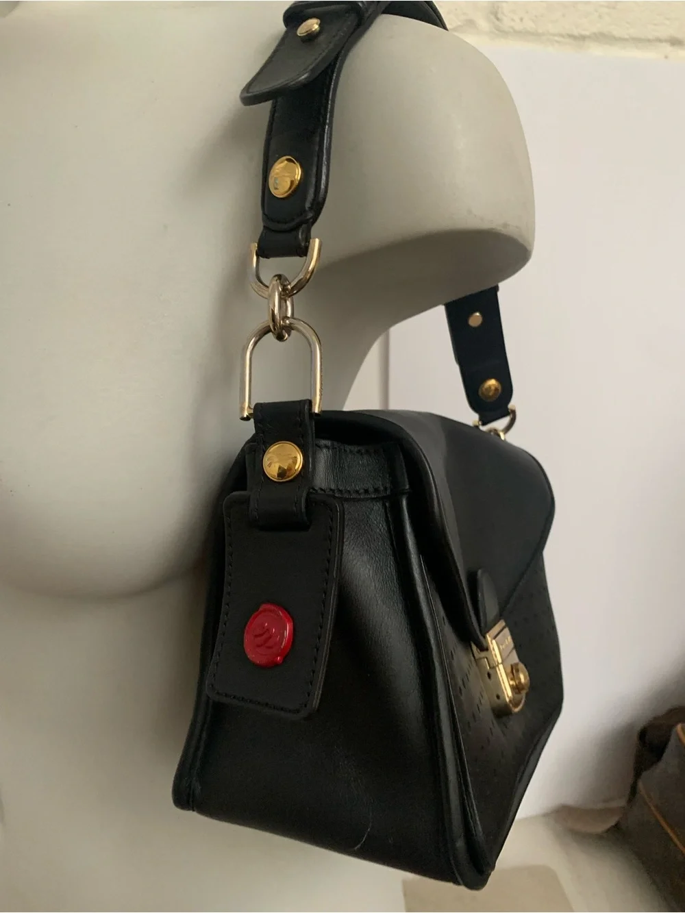 Black Longchamp  Leather Shoulder Bag with Gold Hardware